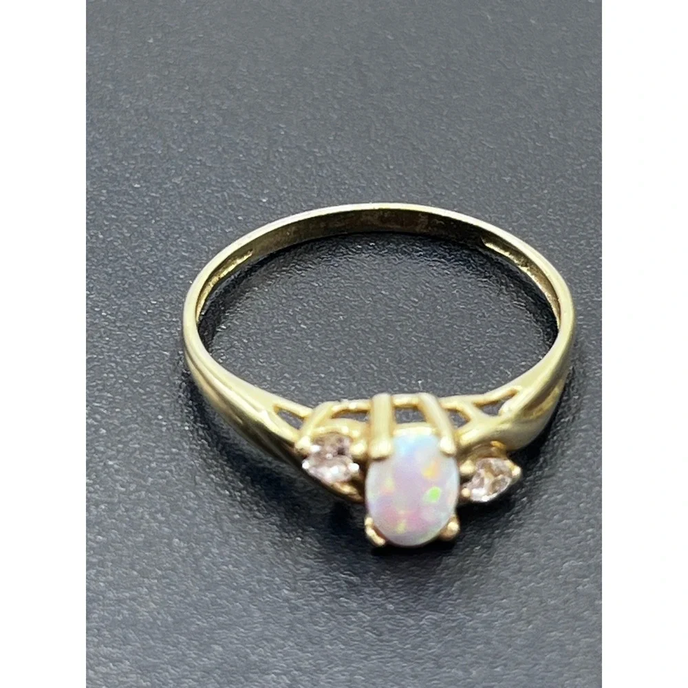 Designer Estate Vintage 10k Yellow Gold Opal CZ Swirl Ring 1.45g Signed 7.25